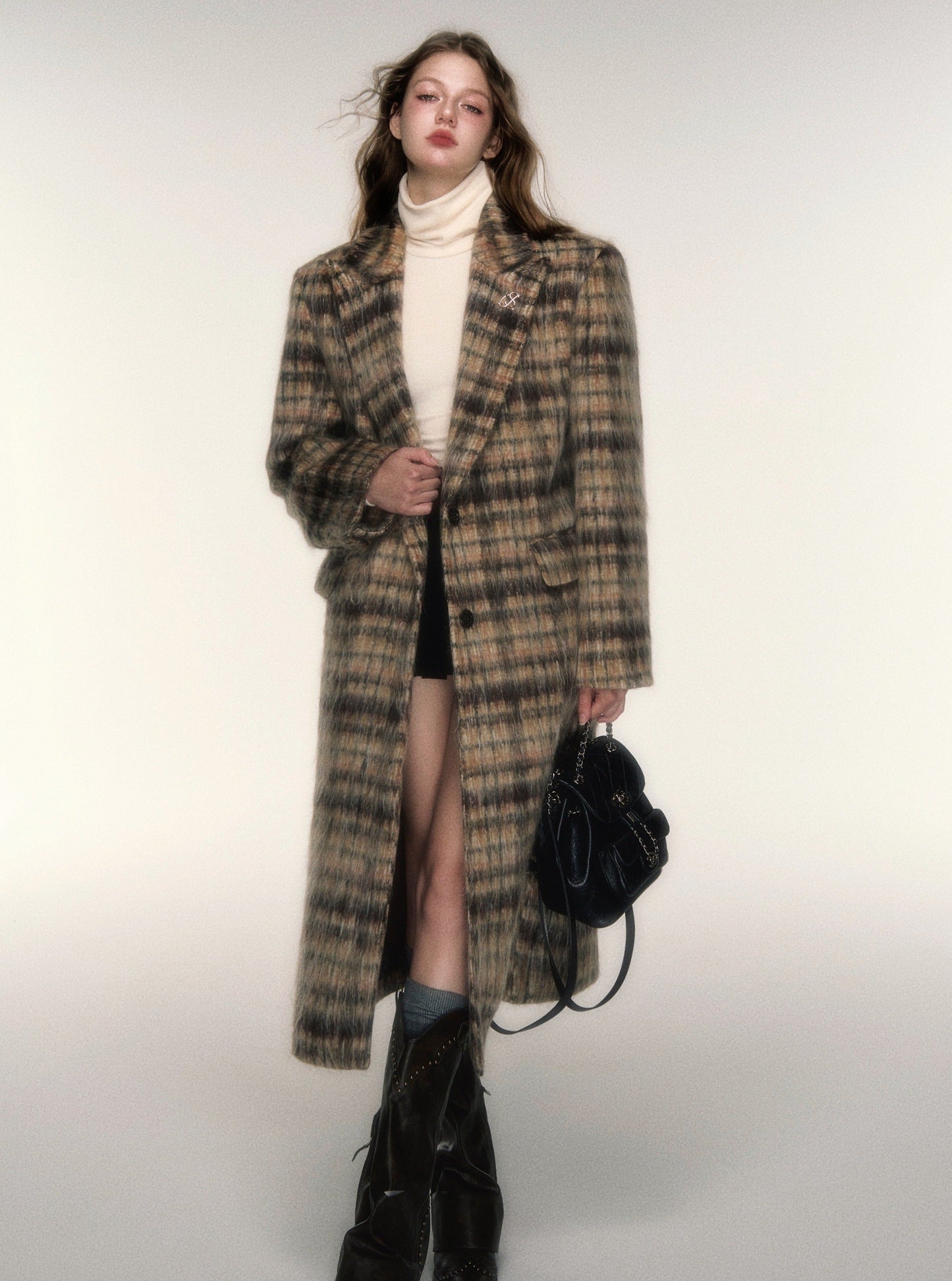 Vintage Long Check Wool Tweed Coat Jacket