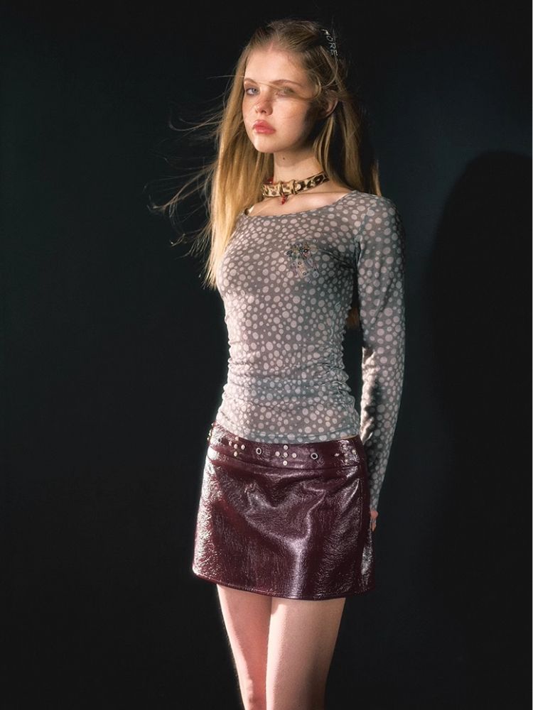 Burgundy Ruby Studded Diamond Design Leather Skirt