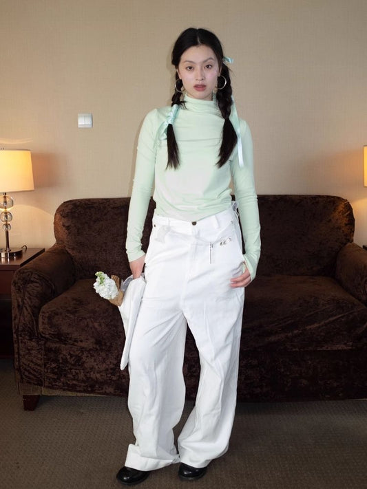 Light green mid-collar elastic bottom shirt