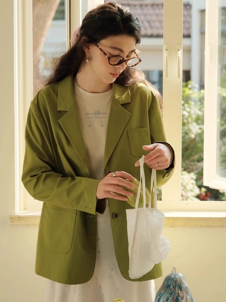 Green Literary Loose Suit Jacket