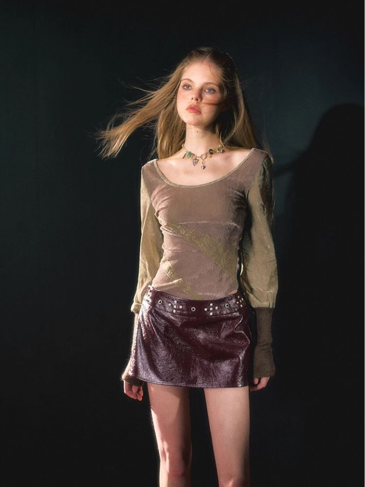 Burgundy Ruby Studded Diamond Design Leather Skirt