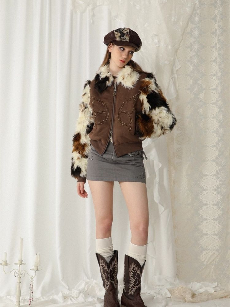 Butterfly studded fur coat