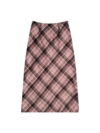 High-waisted thin tweed plaid half-body skirt