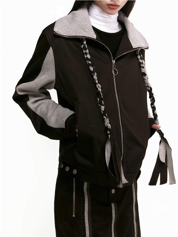 Patchwork Removable Braid Clashing Sweatshirt Jacket