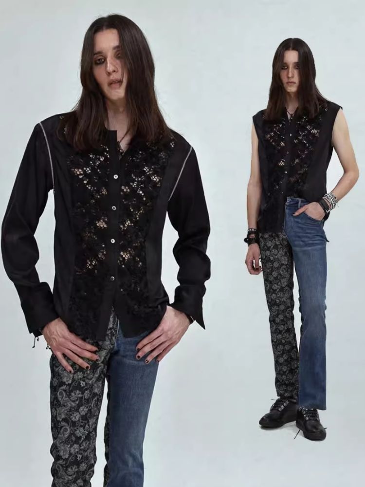 Lace Splicing Zipper Metallic Vest Shirt