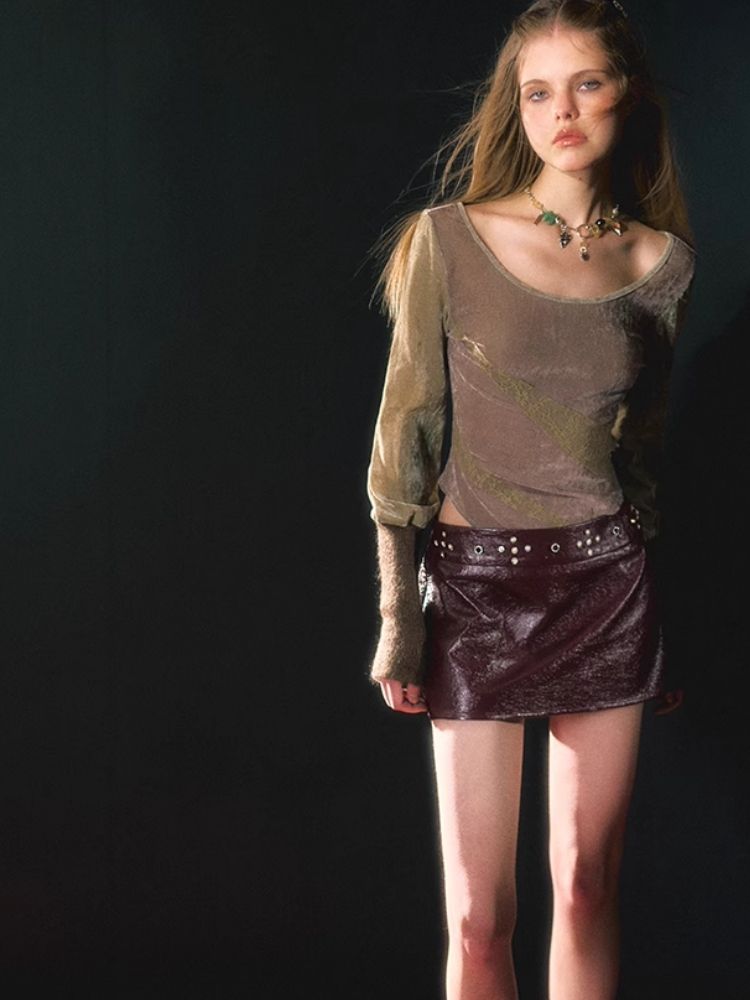 Burgundy Ruby Studded Diamond Design Leather Skirt