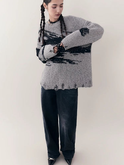 Jacquard Crew Neck Silhouette Knit Sweater