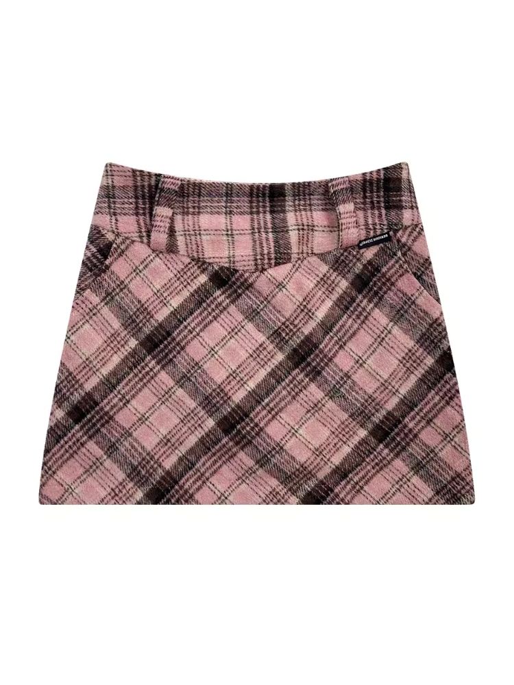 High-waisted thin tweed plaid half-body skirt