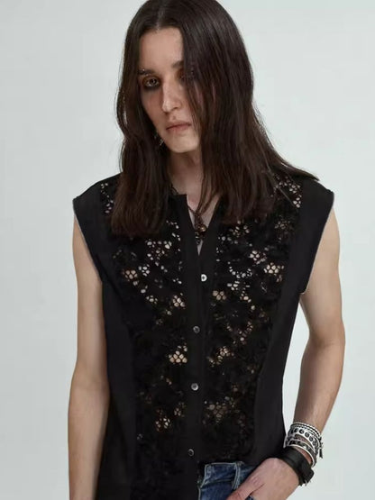 Lace Splicing Zipper Metallic Vest Shirt