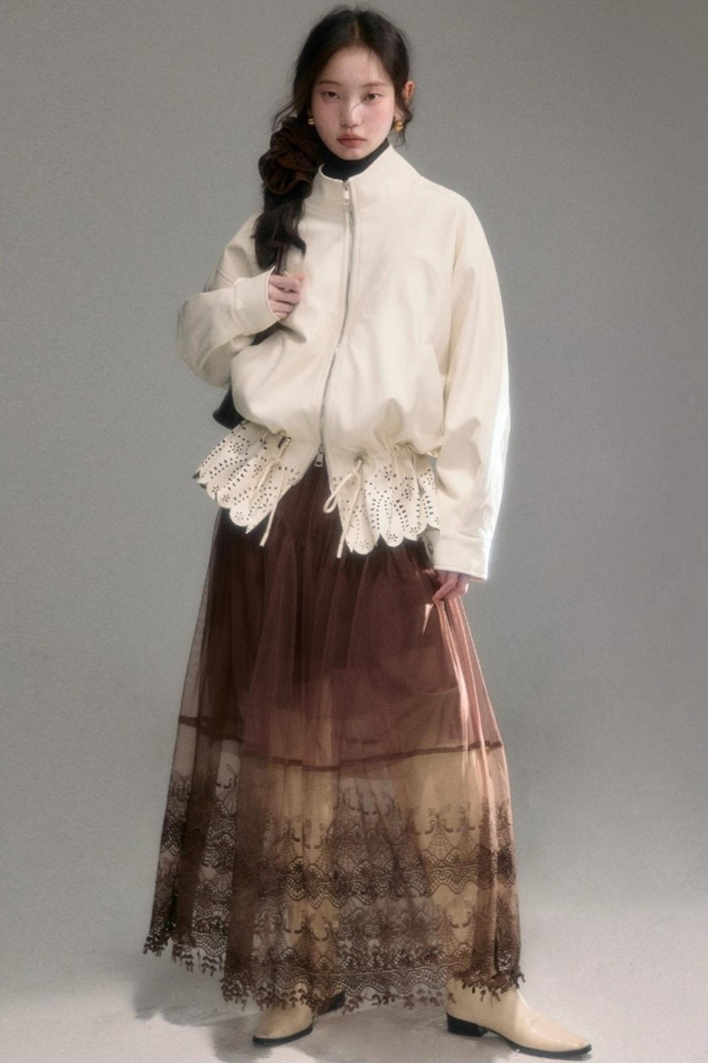 Hollow-Out Floral Leather Jacket