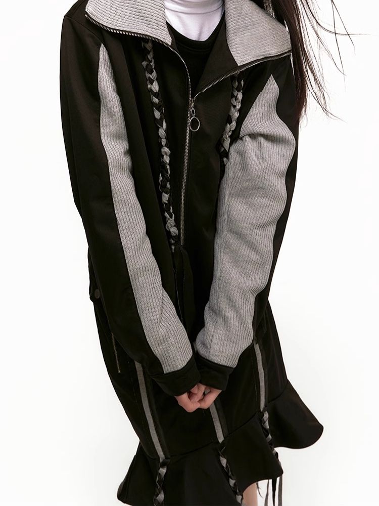 Patchwork Removable Braid Clashing Sweatshirt Jacket