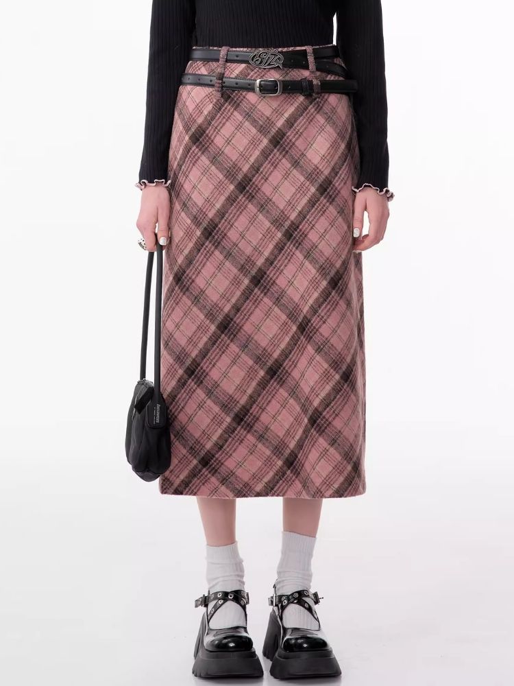 High-waisted thin tweed plaid half-body skirt