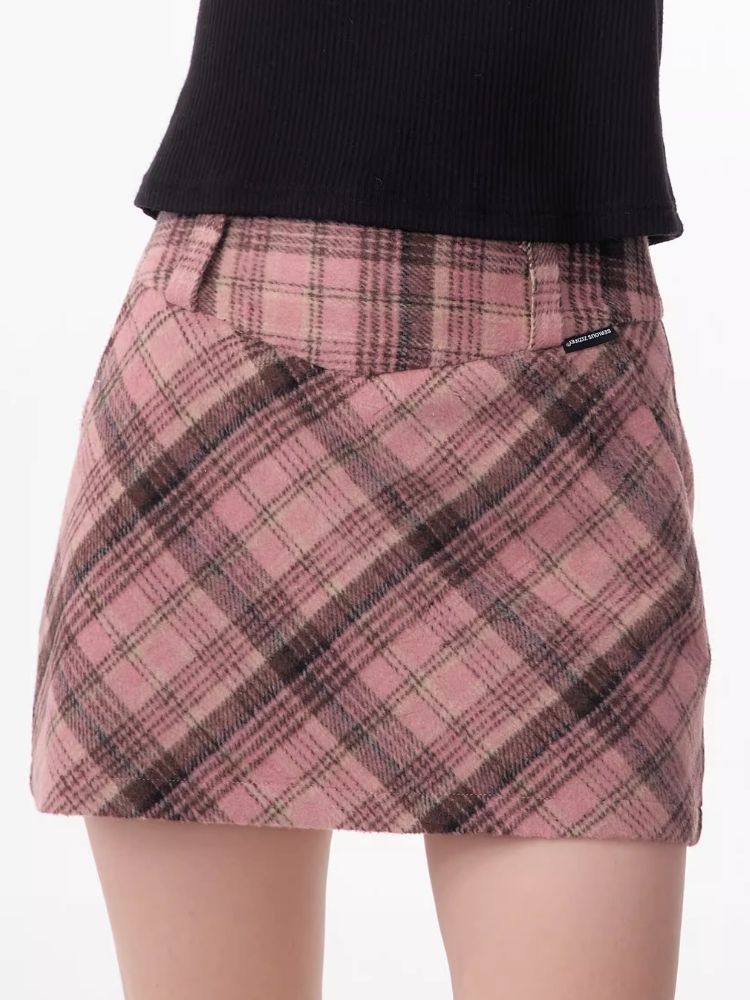 High-waisted thin tweed plaid half-body skirt