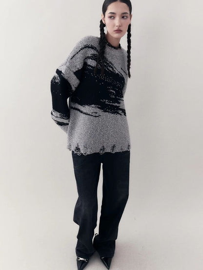 Jacquard Crew Neck Silhouette Knit Sweater