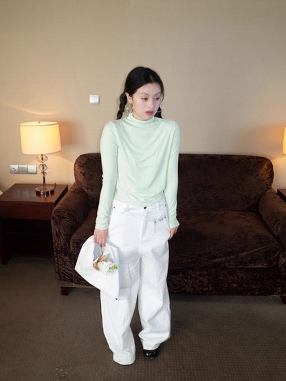 Light green mid-collar elastic bottom shirt