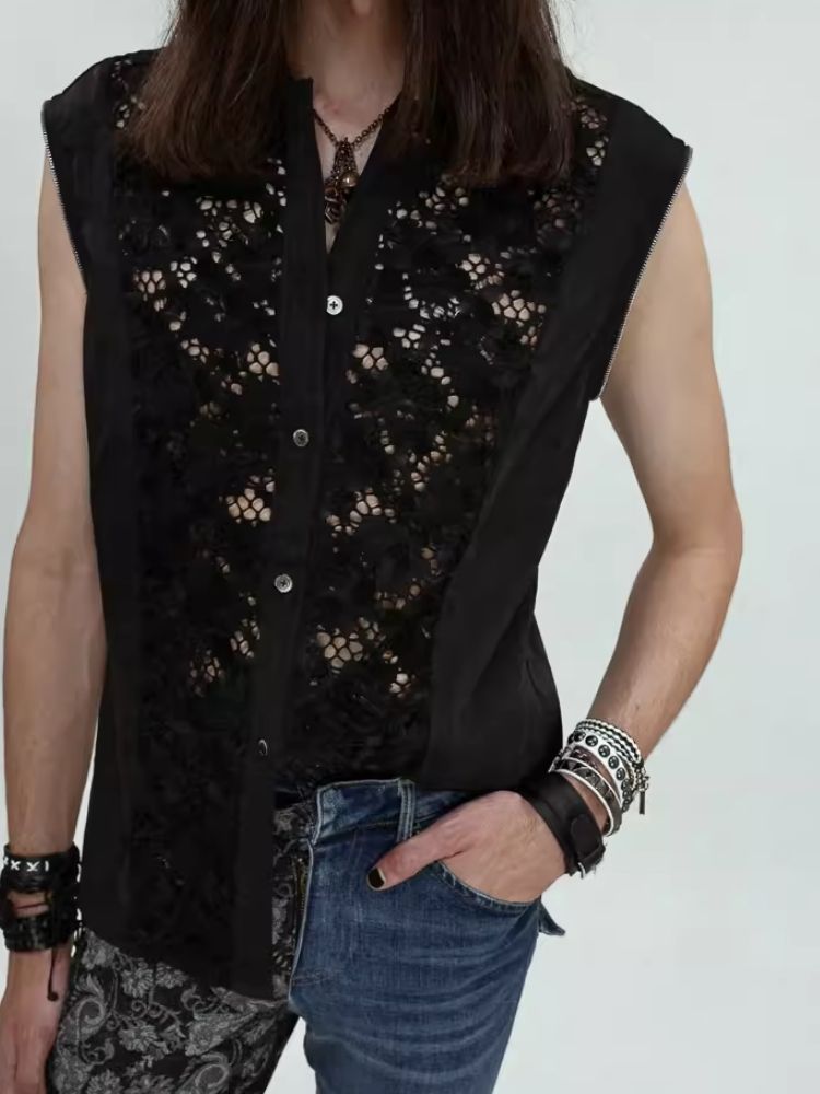 Lace Splicing Zipper Metallic Vest Shirt