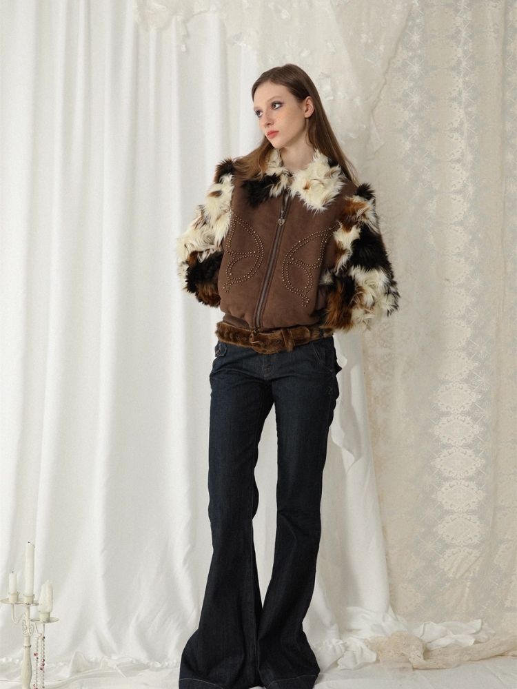 Butterfly studded fur coat