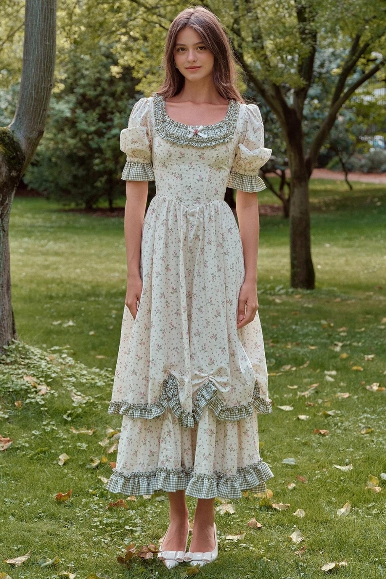 French Pastoral Style Floral Waist Dress