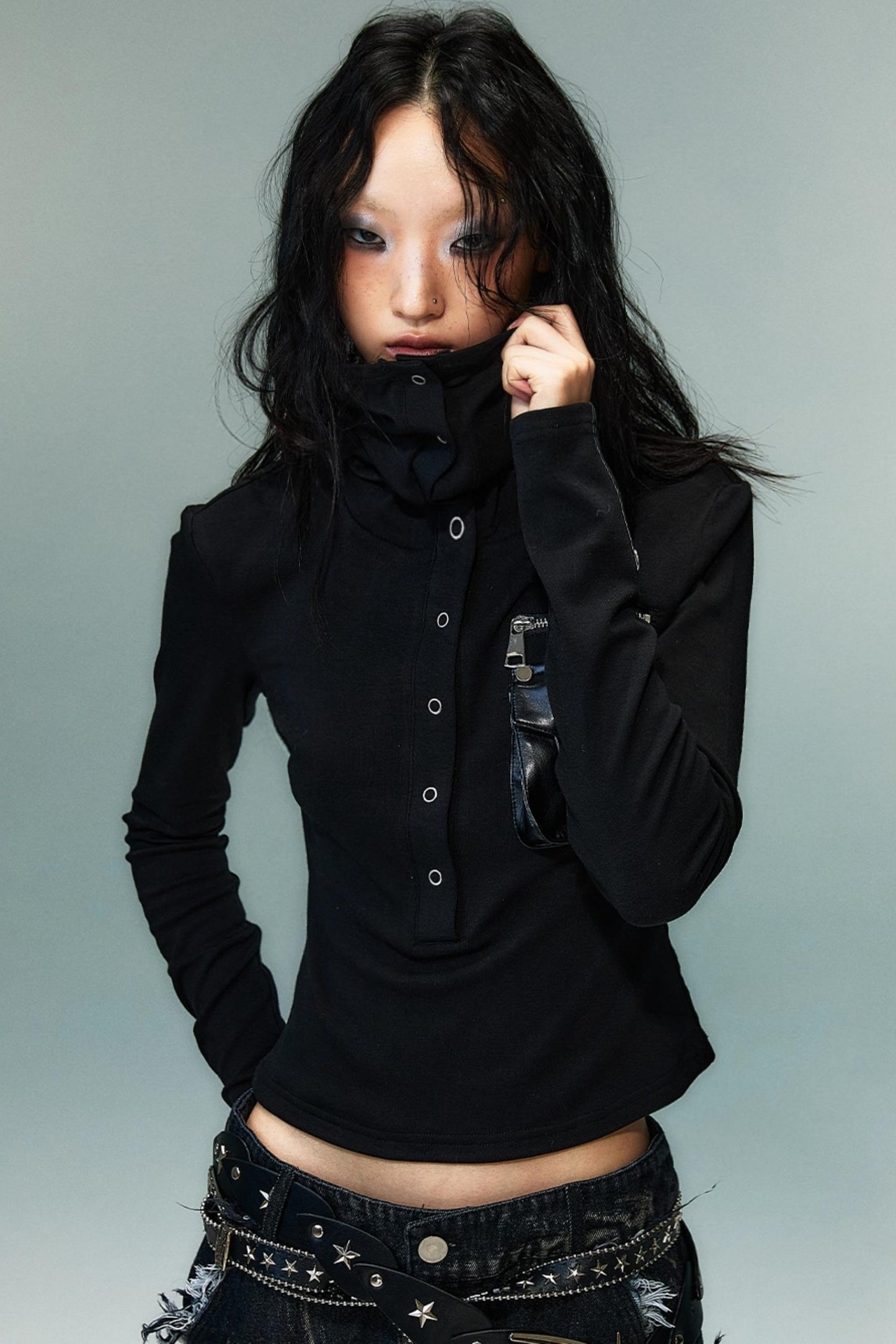 Punk High Neck Slim Knit Base Top