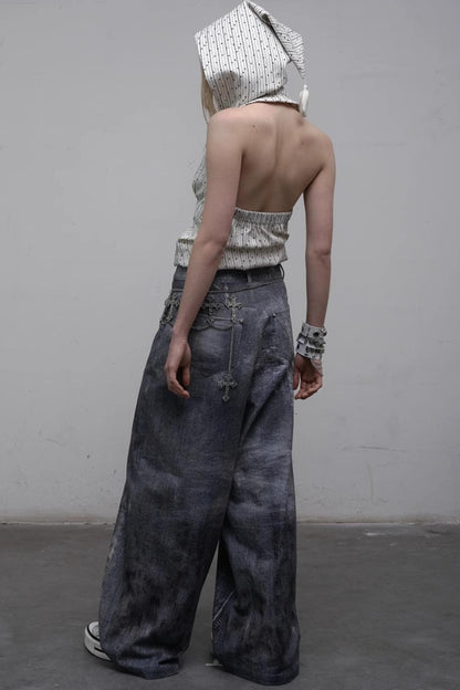 Printed Blue Wide-Leg Denim Pants