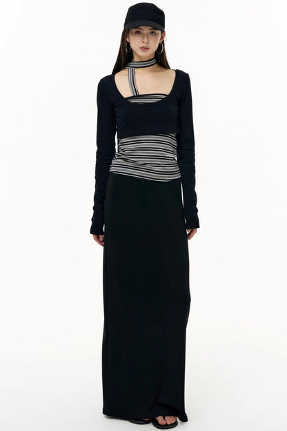 Contrast Long-Sleeved Top With Bandeau Set