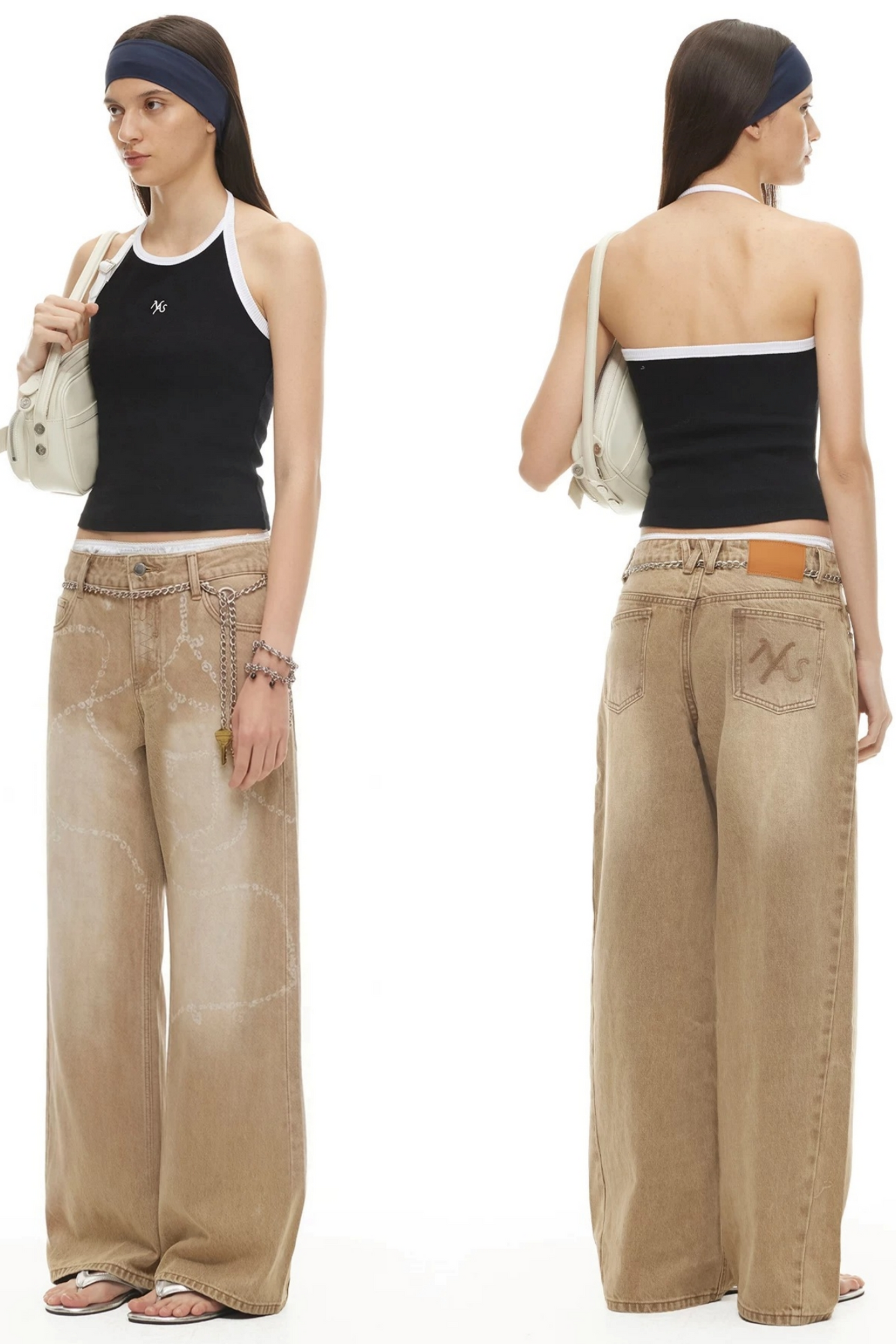 Wide-Leg Diamond Chain Jeans