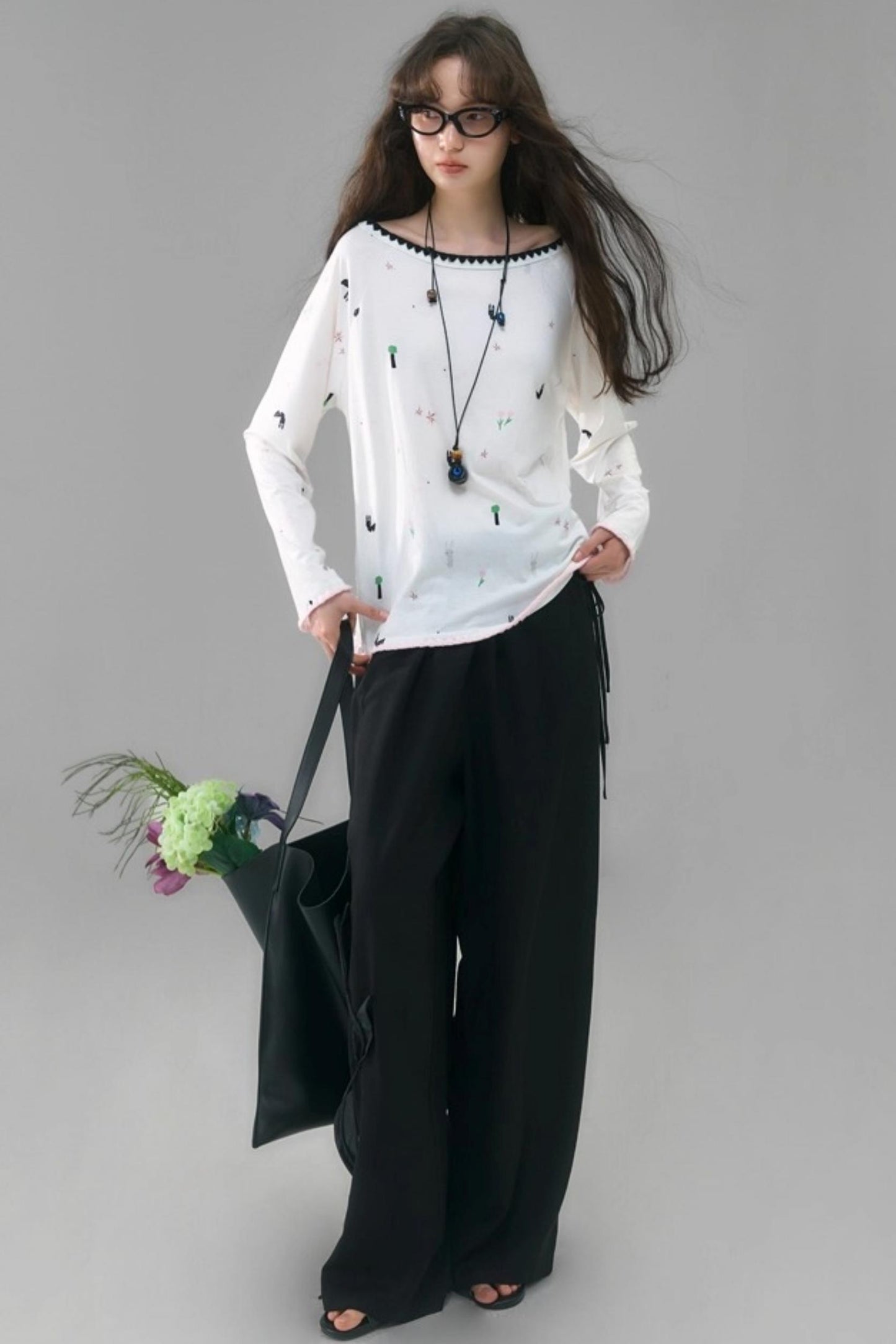 Three-Dimensional Calla Lily Linen Blend Wide-Leg Pants