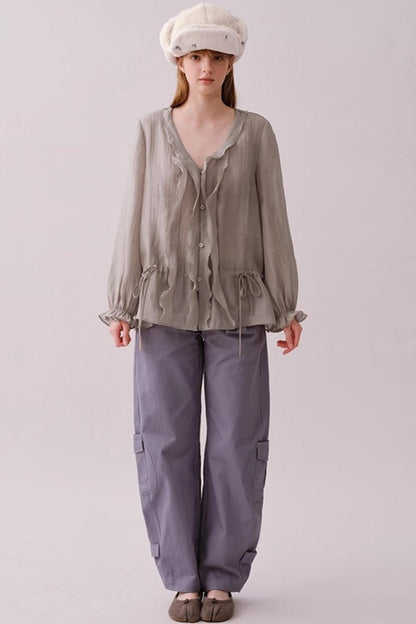 Lyocell Ruffled V-Neck Shirt