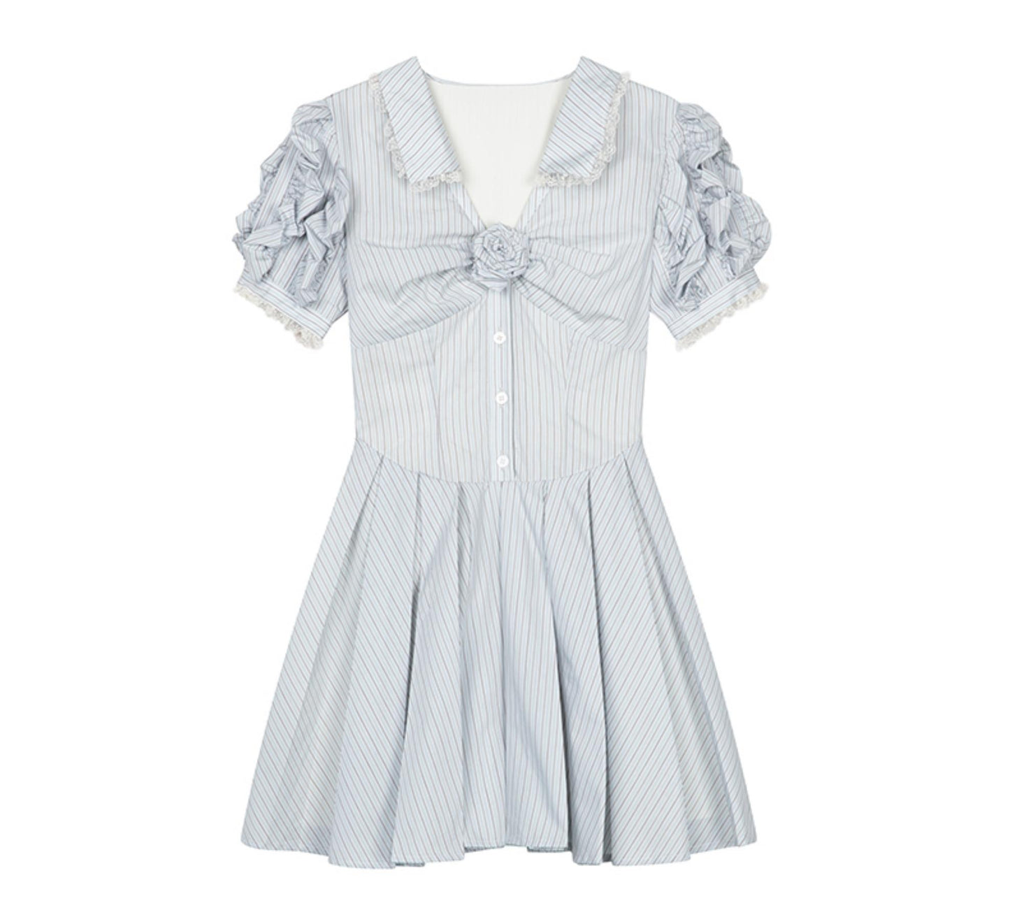 Blue Striped Bubble Sleeve Floral Pleated Dress