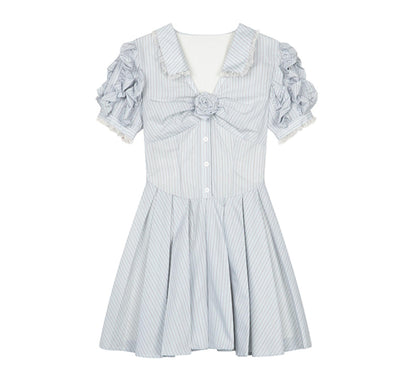 Blue Striped Bubble Sleeve Floral Pleated Dress