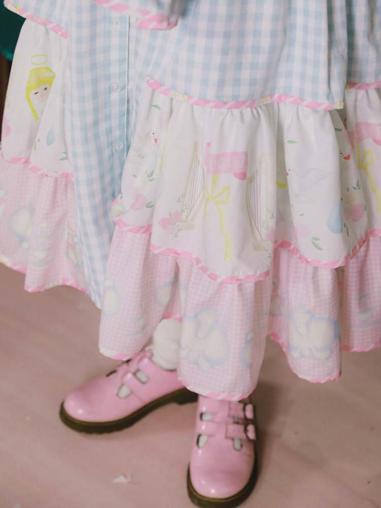 Angel Print Plaid Splicing Ruffles Tiered Dress