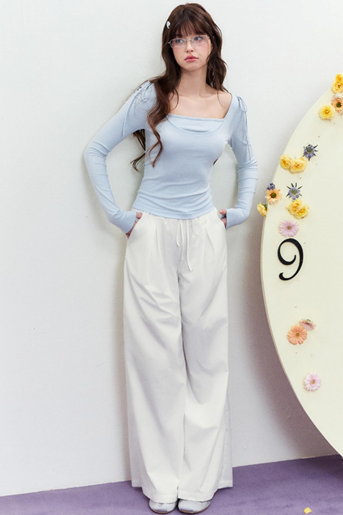 Korean Slim Tie Shoulder Top