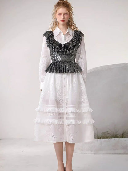 Heavy beaded vest hollowed embroidery dress