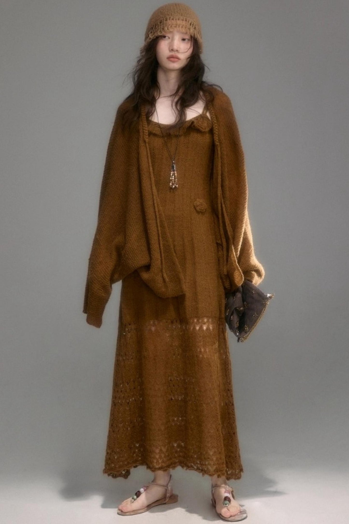 Crochet Knit Camisole Dress Cardigan Set-Up