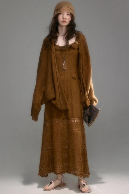 Crochet Knit Camisole Dress Cardigan Set-Up