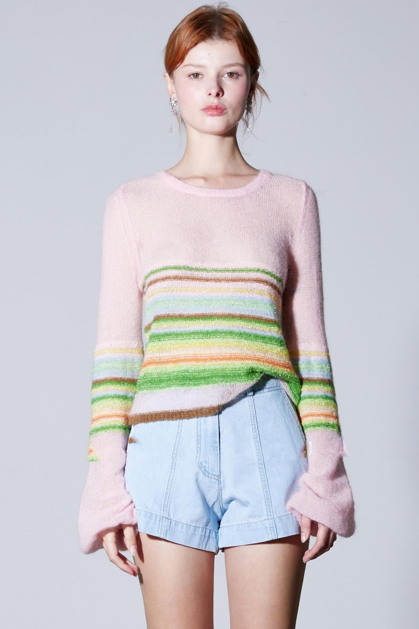 Mohair Silky Wool Rainbow Lantern Sleeve Sweater