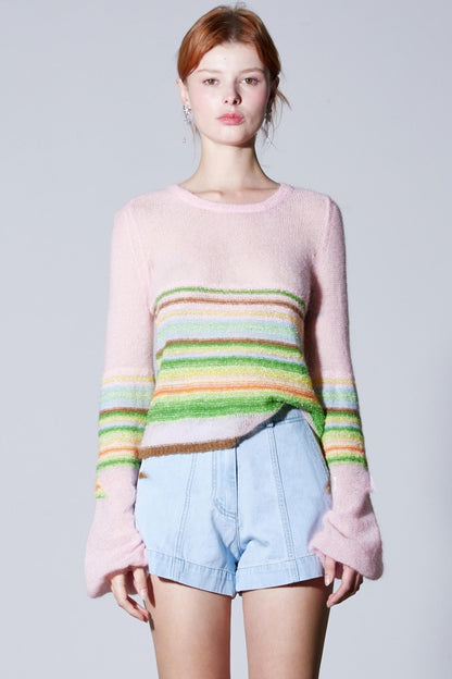 Mohair Silky Wool Rainbow Lantern Sleeve Sweater