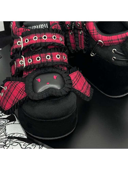 Y2K Black Rabbit Plaid Platform Shoes