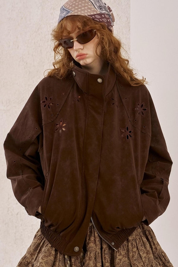 Embroidered Stand Leather Jacket