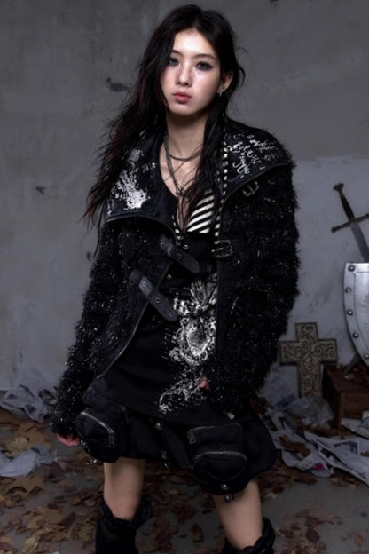 Vintage Dark Knight Plush Patchwork Coat