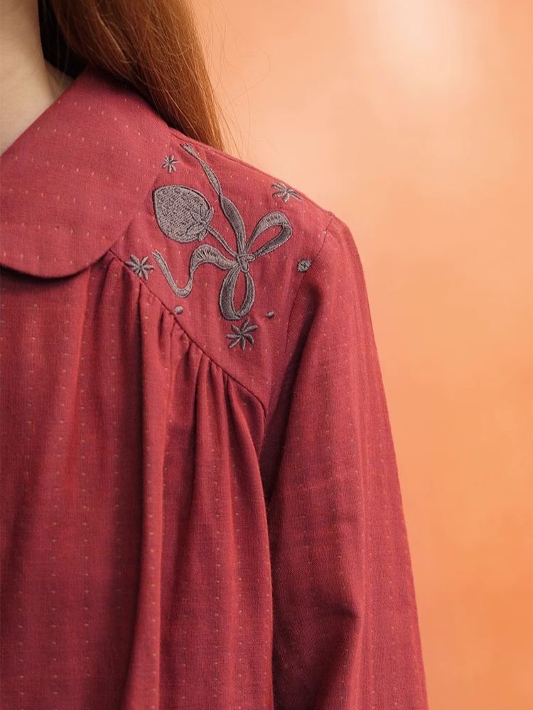 Bow Embroidered Textured Cotton Shirt