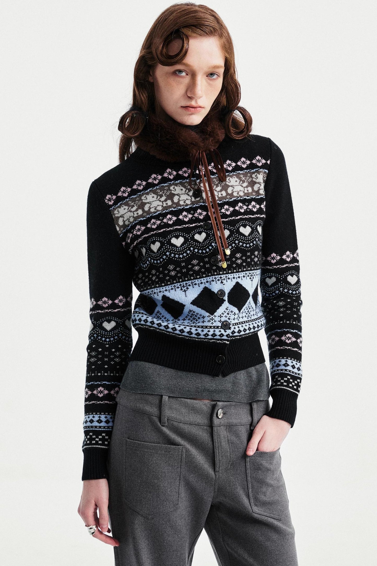 Retro Bear Jacquard Wool Cardigan