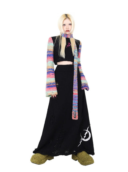 Embroidered knitted wool long skirt