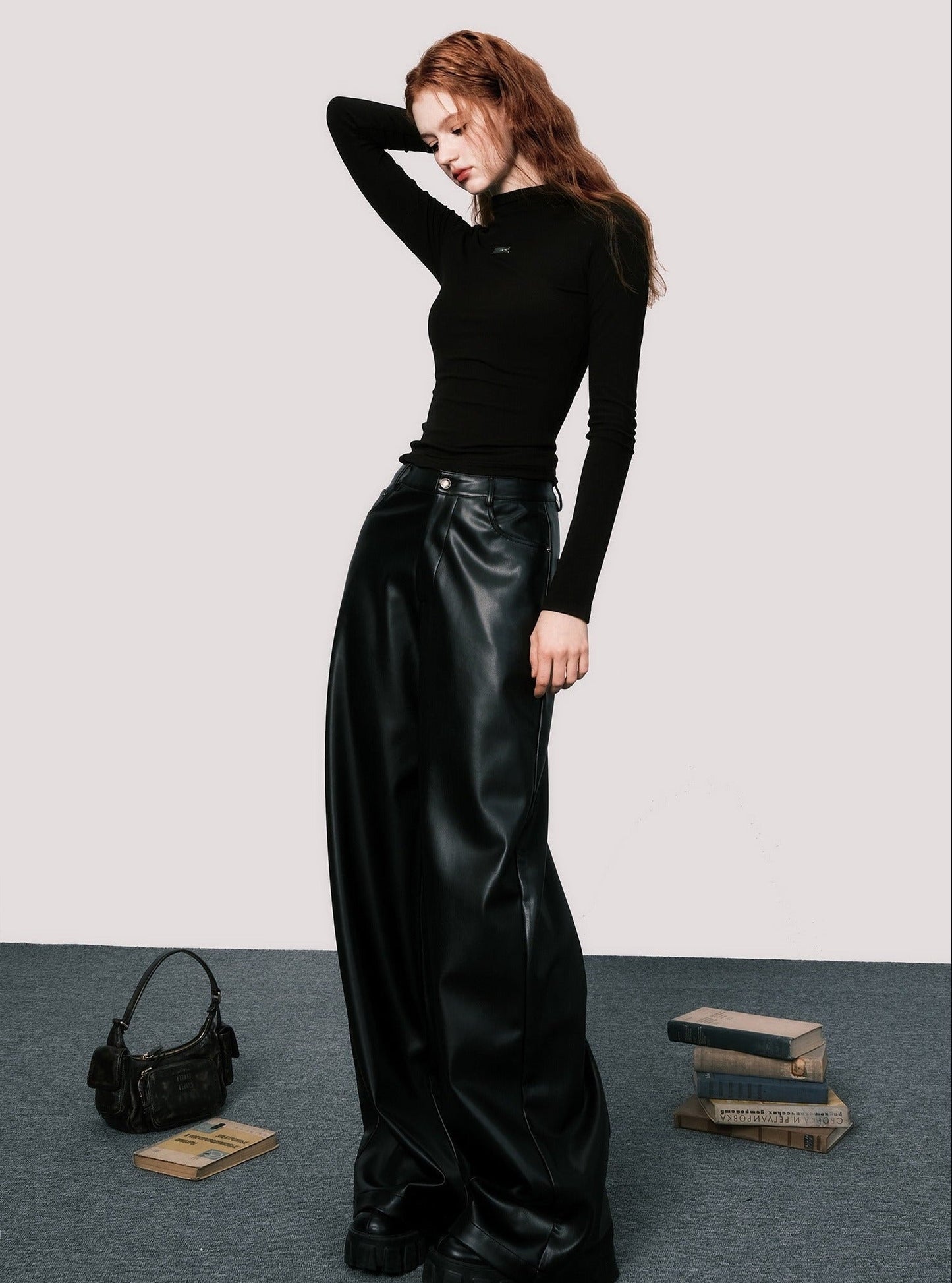 High waist wide leather pants