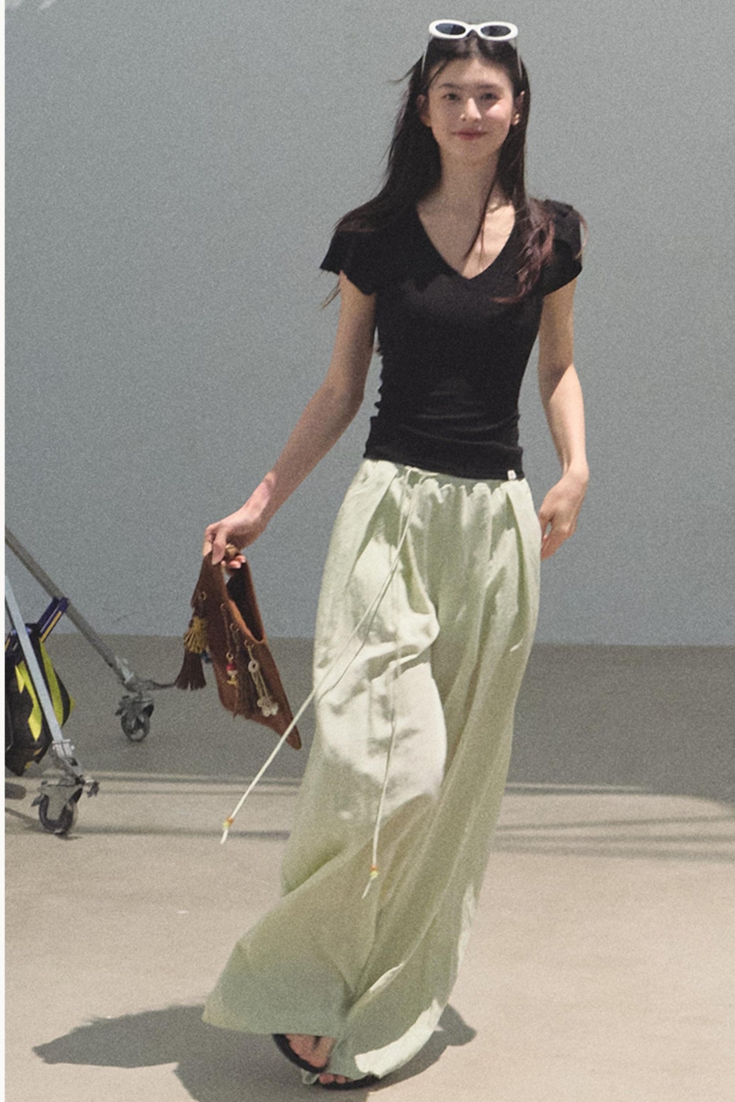 Green Apples Sleeve V-Neck Skinny Top