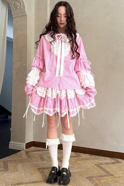 Pink-White Plaid Lace Shirt