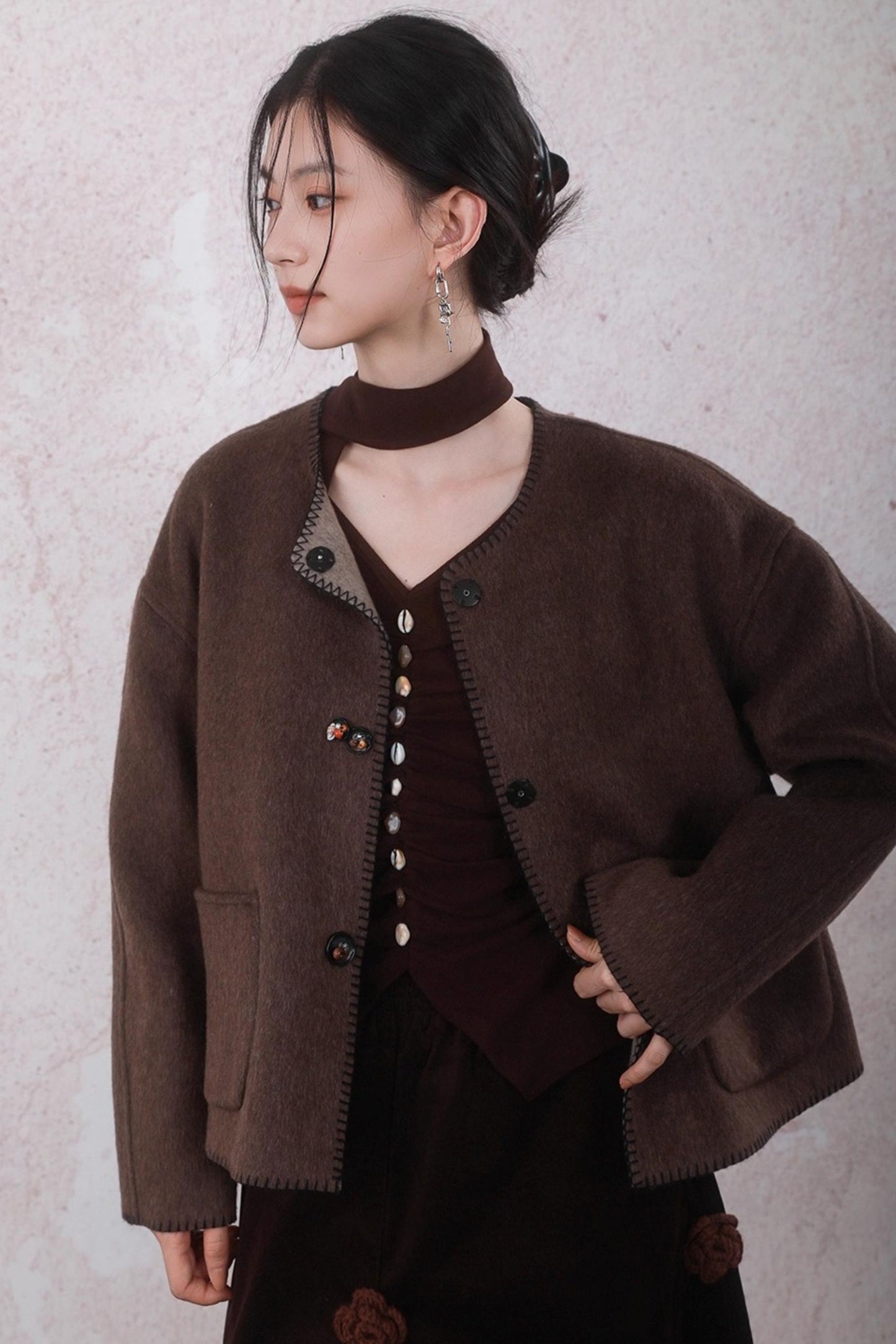 Caramel Coffee Shell Buckle Streamer Top