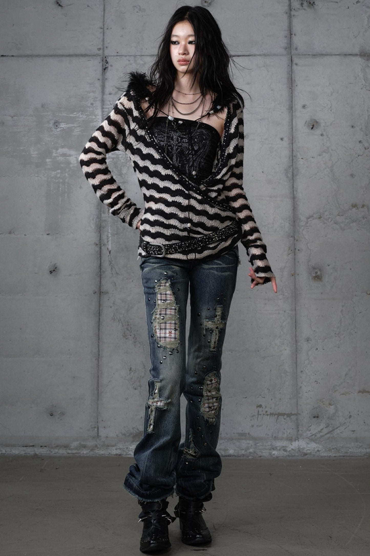 Bandeau Fake Two-Piece Striped Knit Top Set