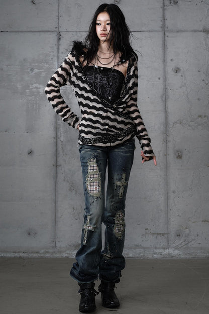 Bandeau Fake Two-Piece Striped Knit Top Set