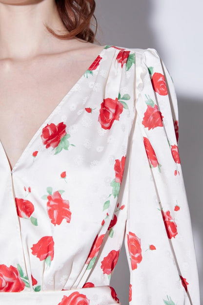 Satin Rose Jacquard V-Neck Dress